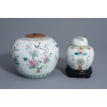 Two Chinese famille rose jars and covers with floral design, 19th and 20th C.