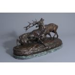Clovis-Edmond Masson (1838-1913): Deer fight, patinated bronze on a vert de mer marble base