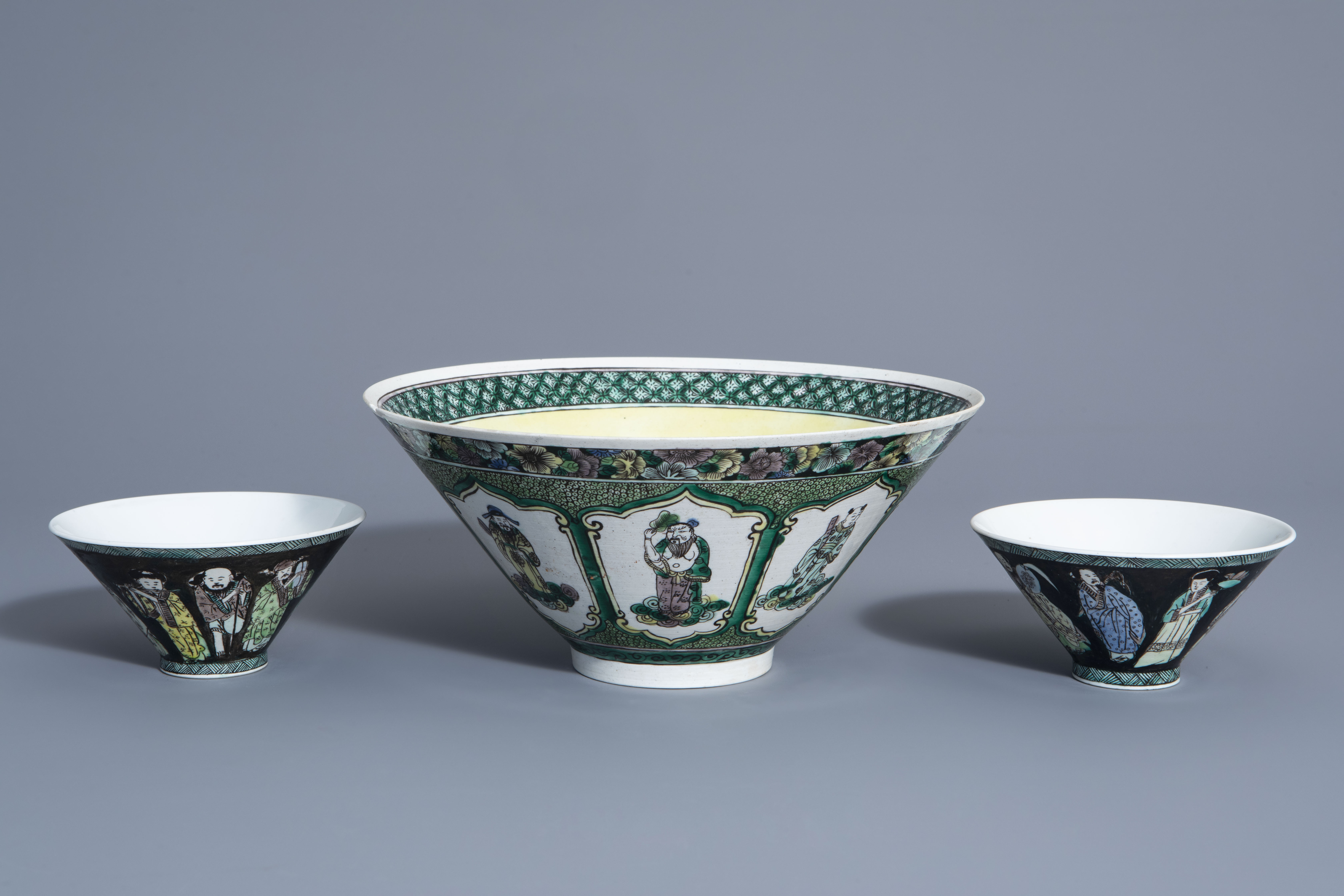 Three Chinese verte biscuit bowls with figurative design, Republic, 20th C. - Image 2 of 7