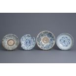 Two Chinese blue and white chargers and two Swatow chargers, Ming, 15th/16th C.