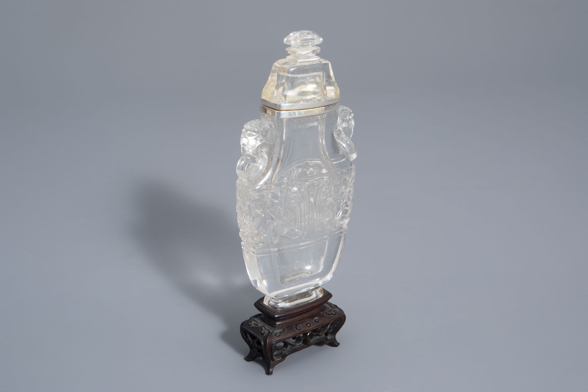 A Chinese silver mounted rock crystal vase and cover, 19th/20th C.