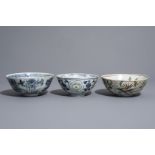 Three Chinese blue, white and polychrome Swatow bowls with different designs, 17th C.