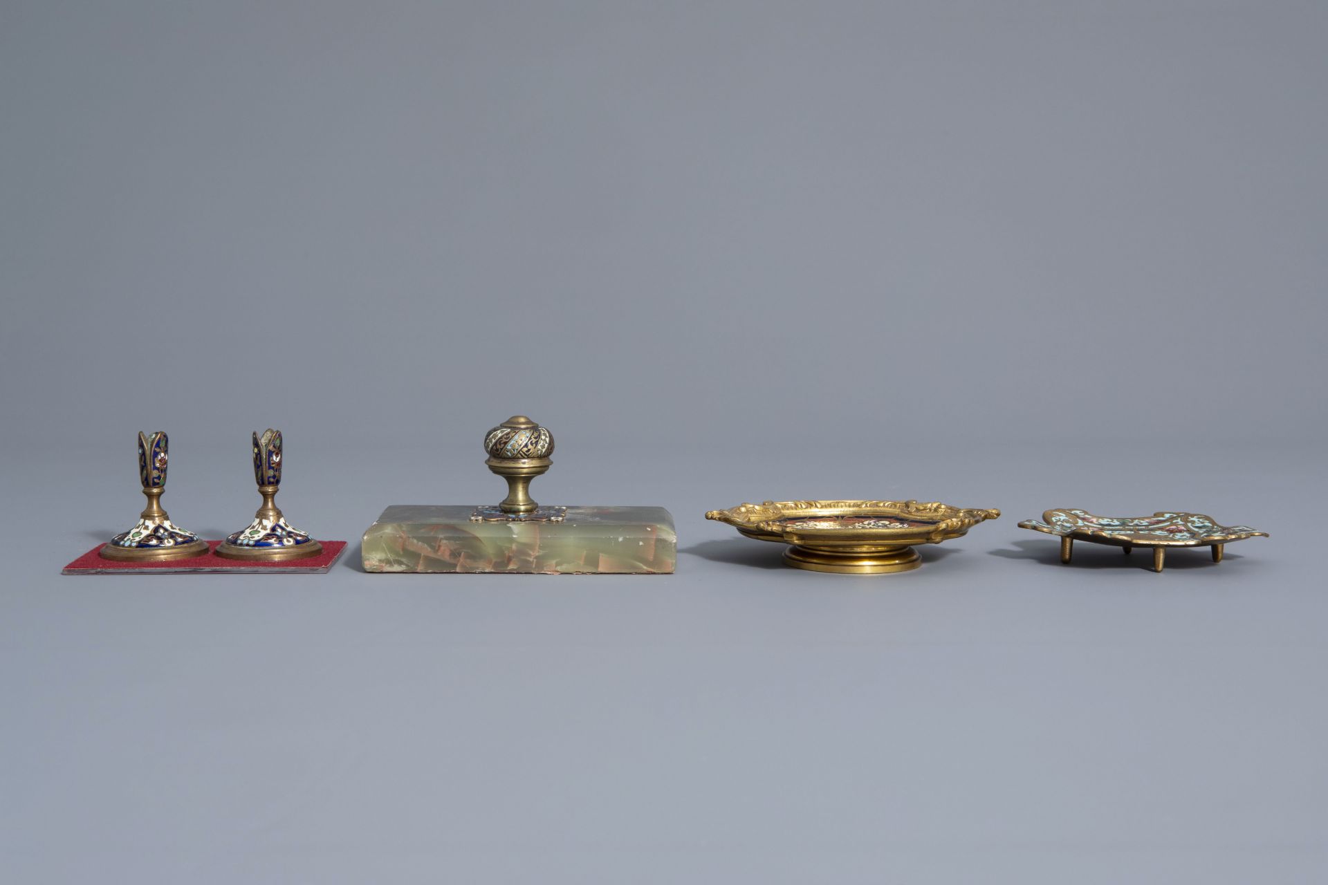 Group of cloisonné & champlevé mirrors, accessories & candle holders, a.o. Limoges, France, 19th C. - Image 9 of 18