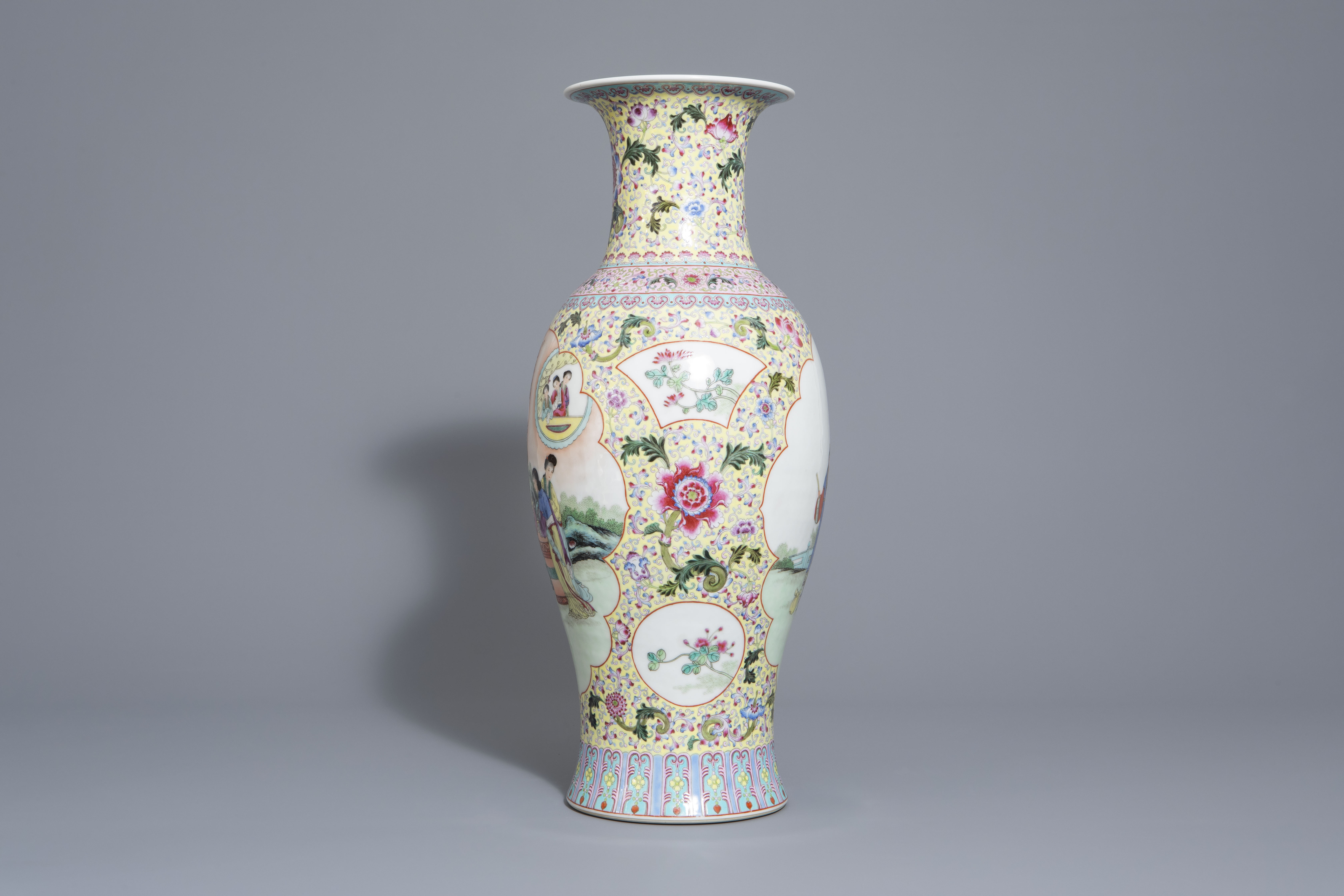 A Chinese famille rose 'ladies' vase and a 'peacock' charger, Qianlong mark, Republic - Image 5 of 9