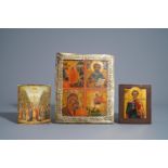 Three Russian icons, one with copper oklad or riza, 19th/20th C.