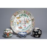 A Chinese Canton famille rose charger and two vases and a bowl with different designs, 19th C.