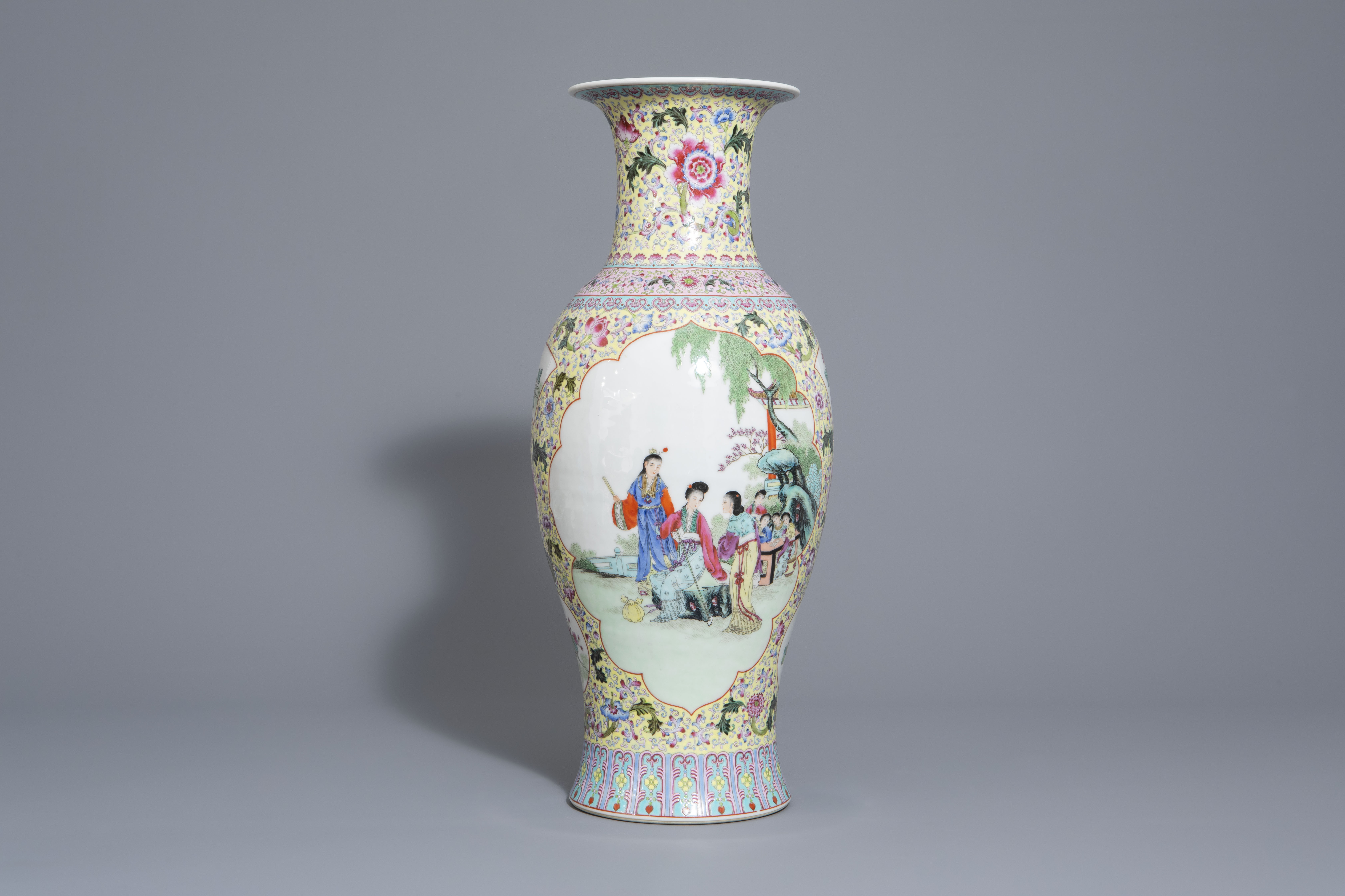 A Chinese famille rose 'ladies' vase and a 'peacock' charger, Qianlong mark, Republic - Image 4 of 9