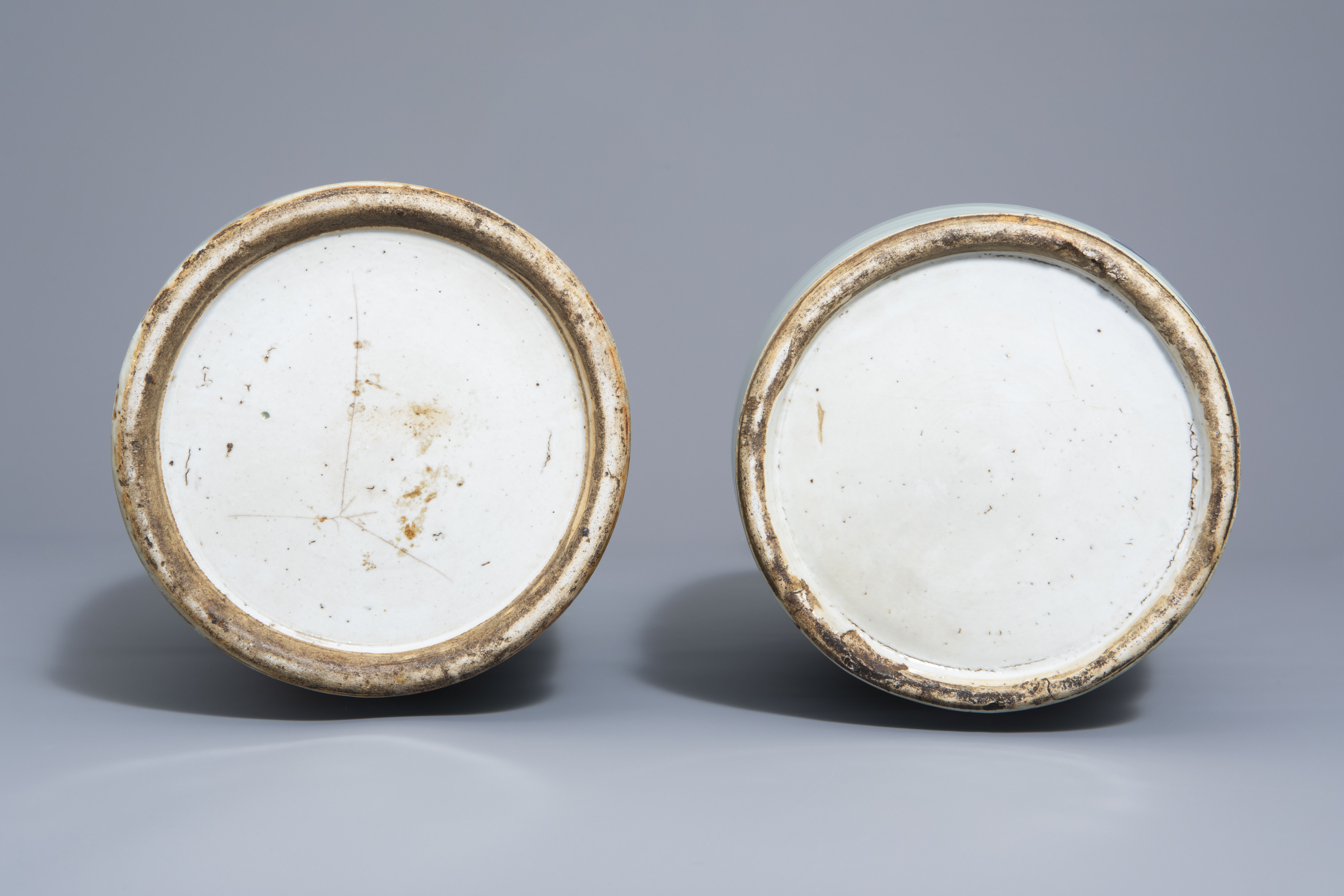 Two Chinese blue and white celadon ground vases with different designs, 19th C. - Image 6 of 6