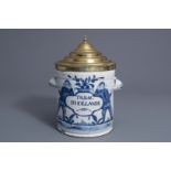 A Brussels brass covered blue and white faience 'Tabac d'Hollande' tobacco jar, late 18th C.