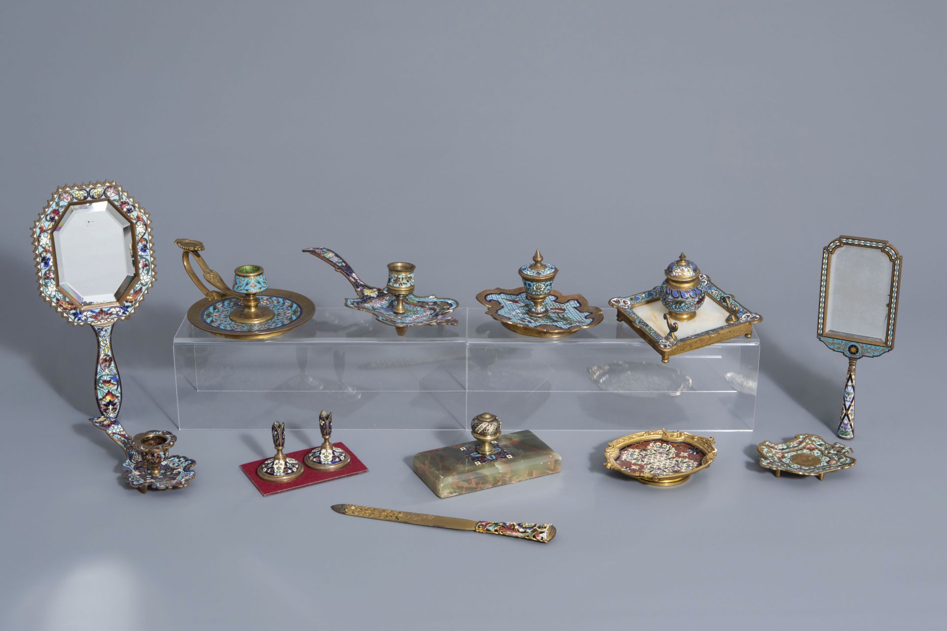 Group of cloisonné & champlevé mirrors, accessories & candle holders, a.o. Limoges, France, 19th C.