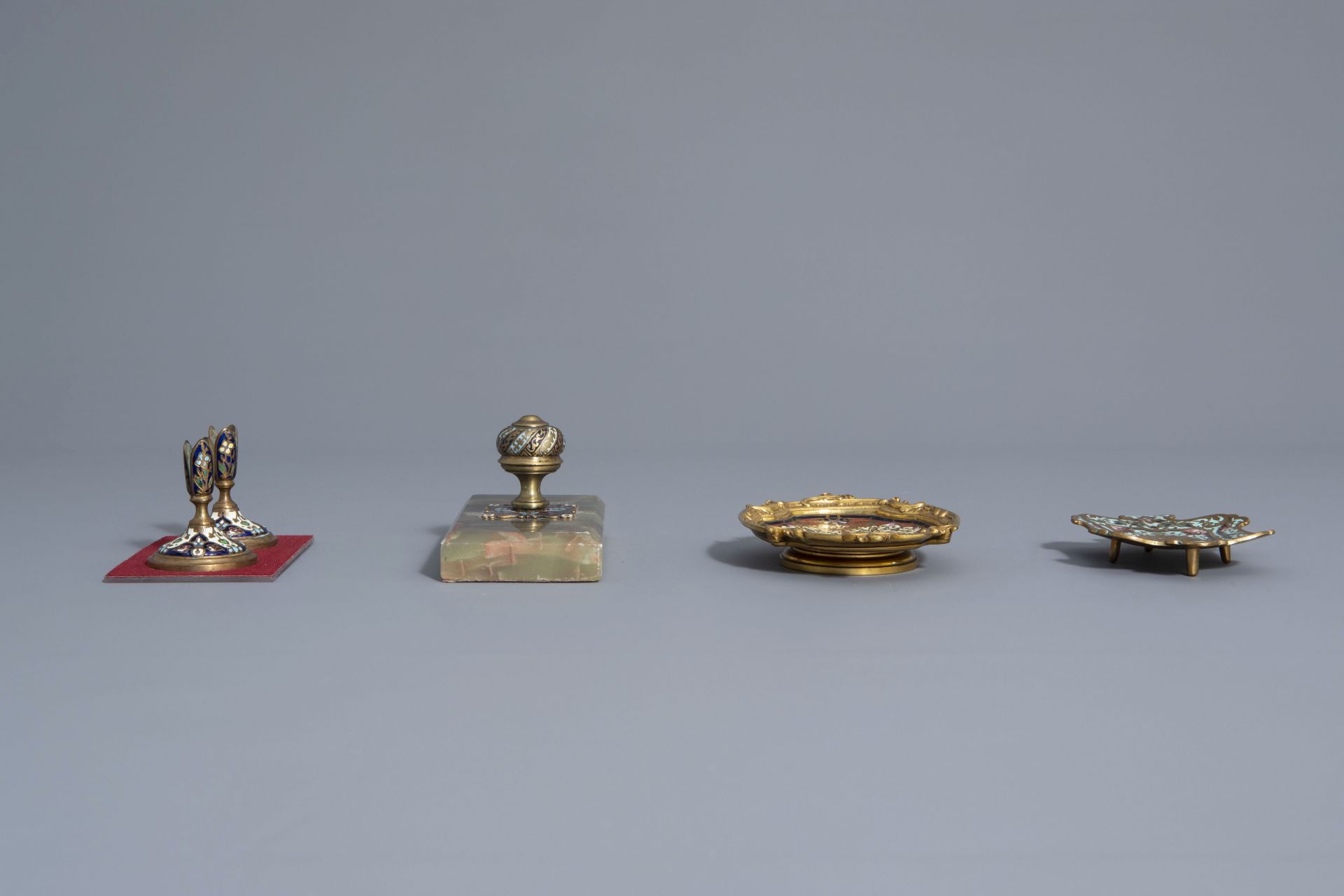 Group of cloisonné & champlevé mirrors, accessories & candle holders, a.o. Limoges, France, 19th C. - Image 10 of 18