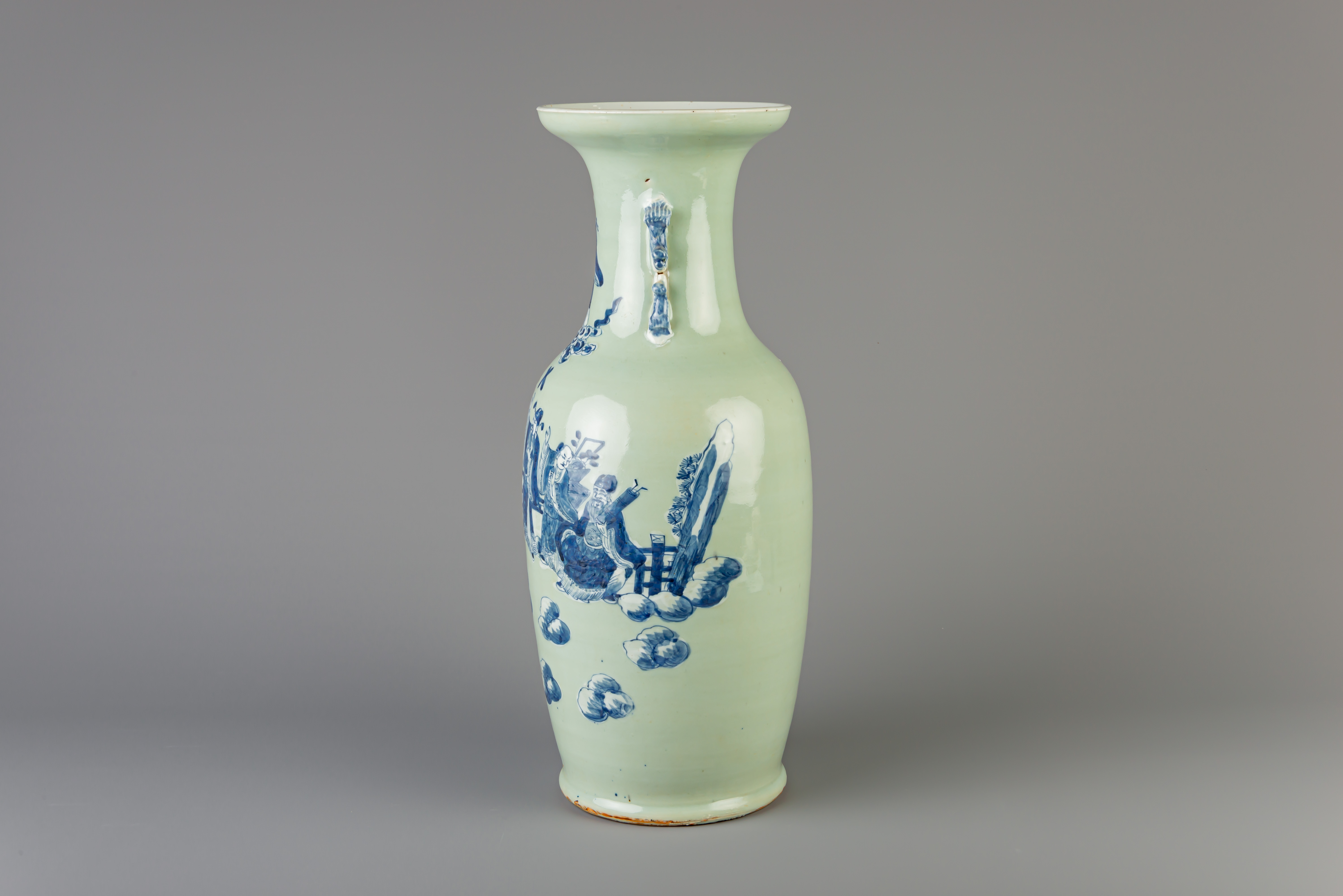 A Chinese blue and white celadon ground 'Immortals' vase, 19th C. - Image 2 of 6