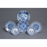 Six Chinese blue and white plates with floral design, Kangxi