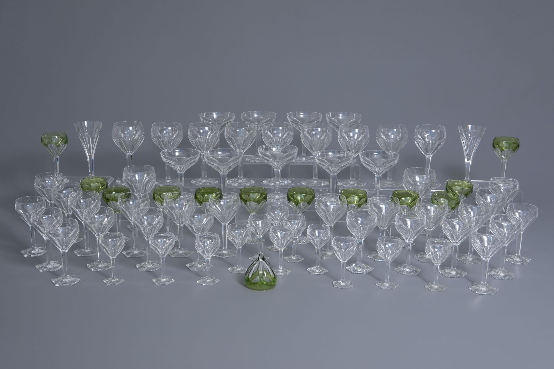 A collection of crystal cut champagne, water, whine and liquor glasses, Val-Saint-Lambert, 20th C.
