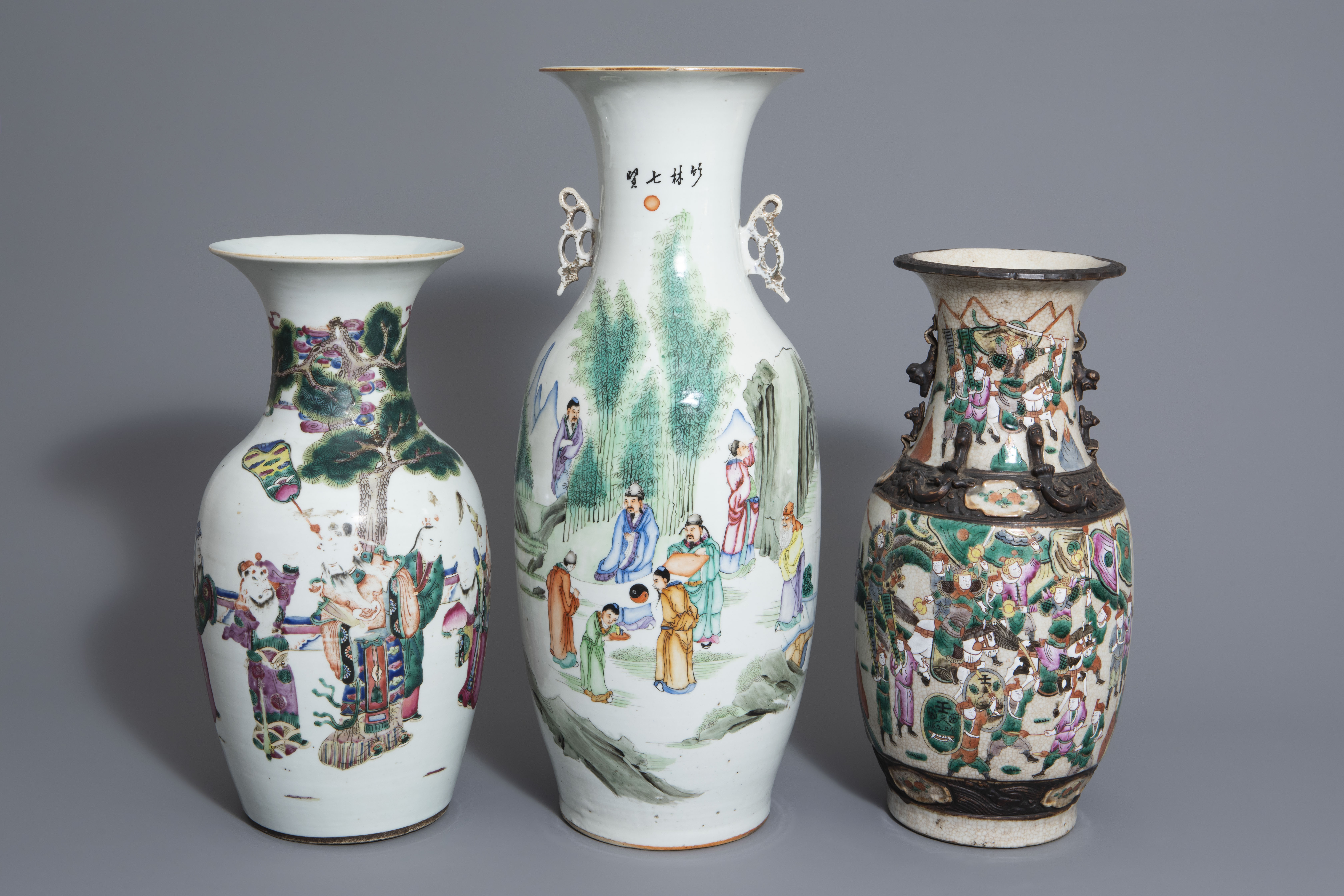 Three Chinese famille rose and Nanking crackle glazed vases, 19th C.