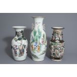 Three Chinese famille rose and Nanking crackle glazed vases, 19th C.