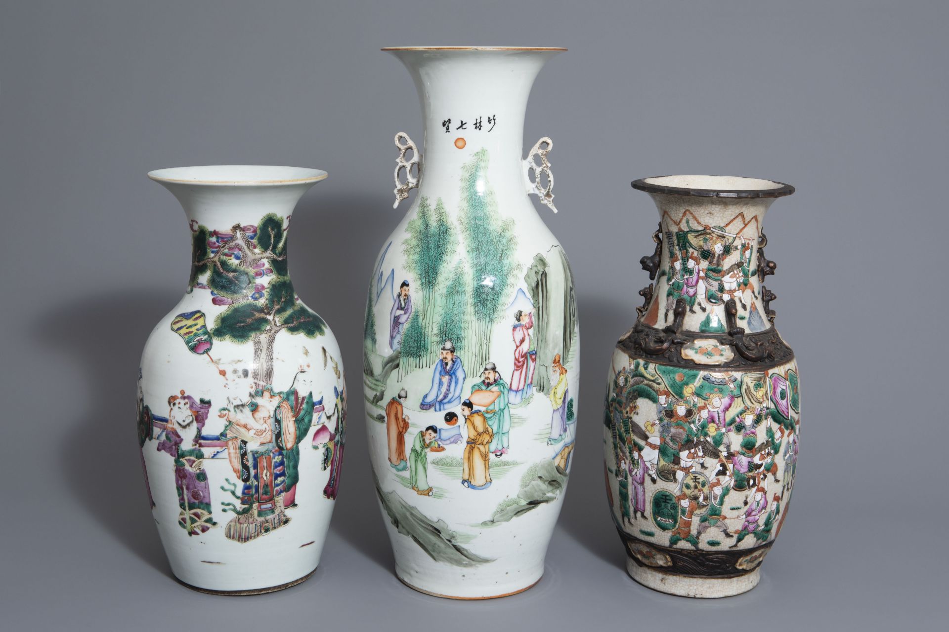 Three Chinese famille rose and Nanking crackle glazed vases, 19th C.