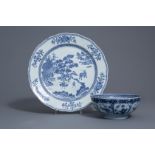 A large Chinese blue and white dish and a bowl with figures in a landscape, Qianlong