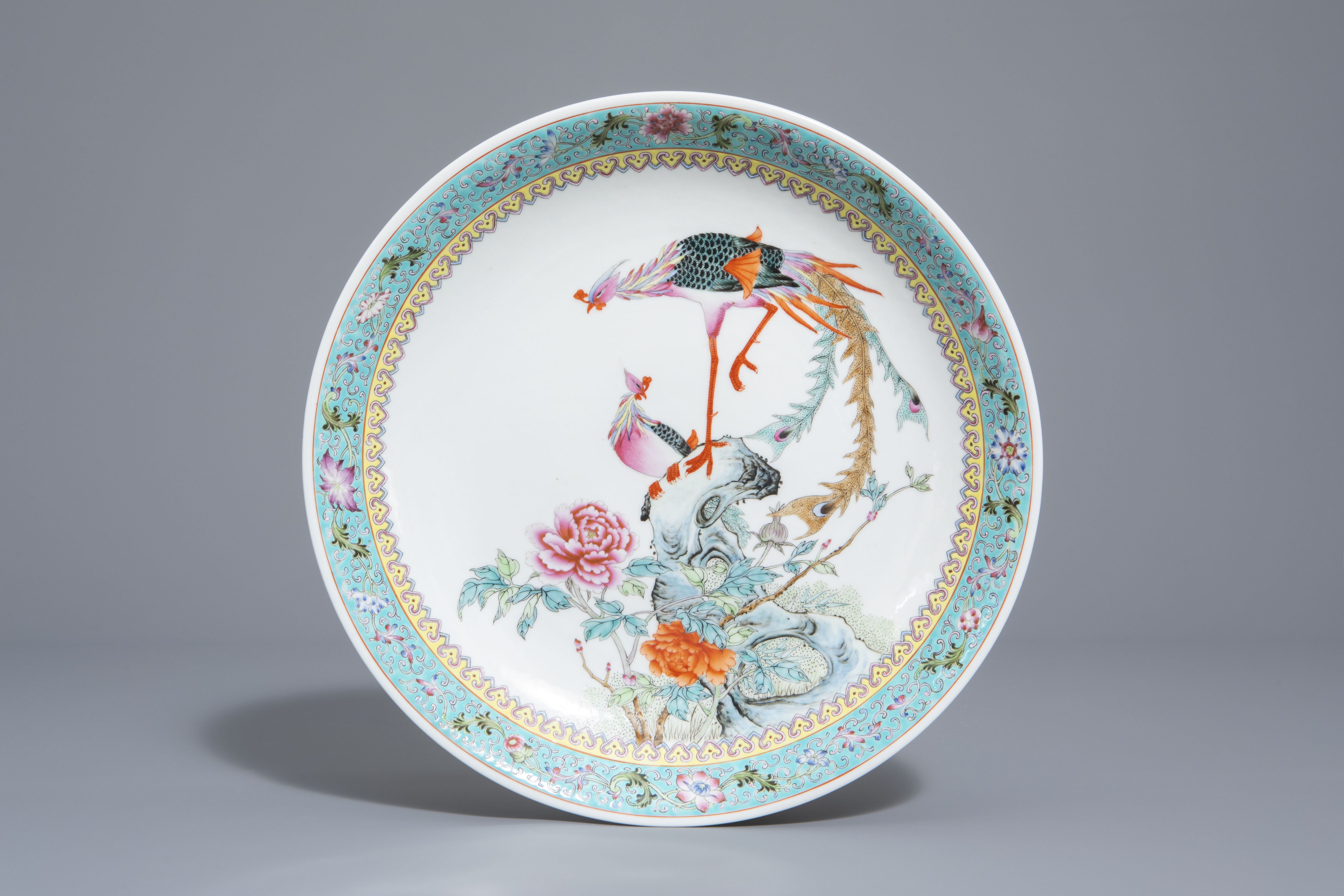 A Chinese famille rose 'ladies' vase and a 'peacock' charger, Qianlong mark, Republic - Image 8 of 9