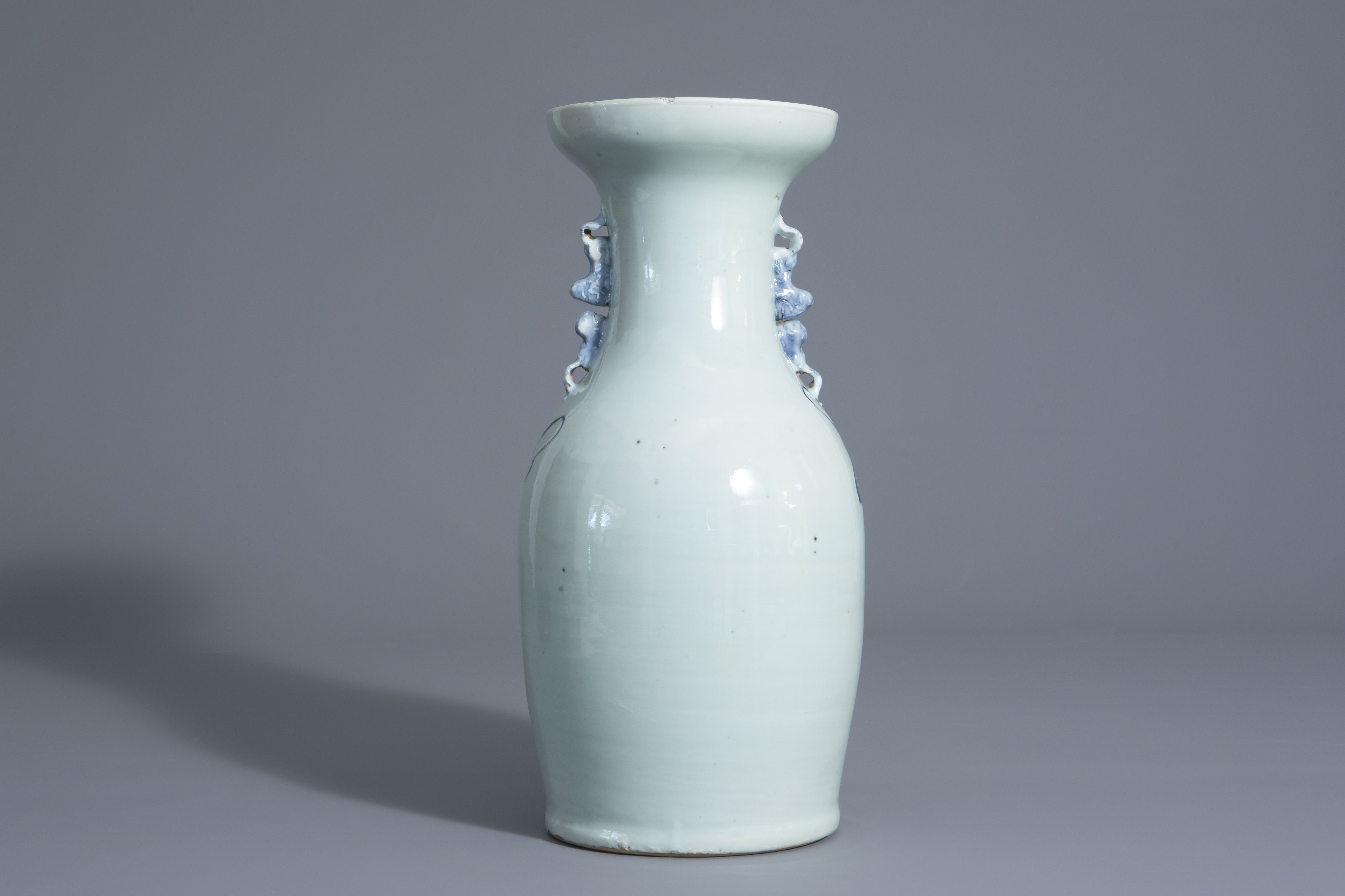 A Chinese blue and white celadon ground vase with figurative design, 19th C. - Image 4 of 7