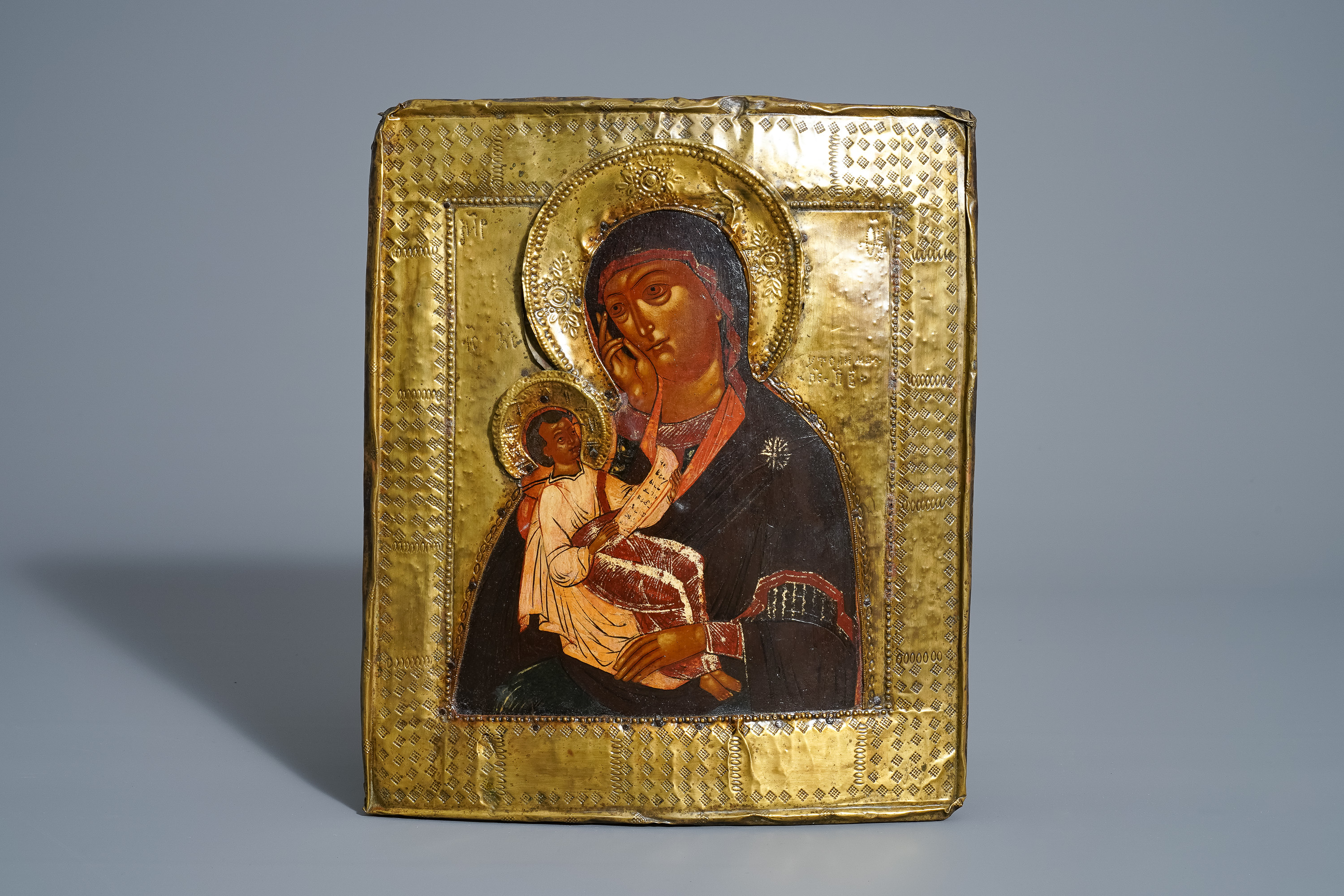 Two Russian 'Mother of God' icons with copper oklad or riza, 19th C. - Image 4 of 5