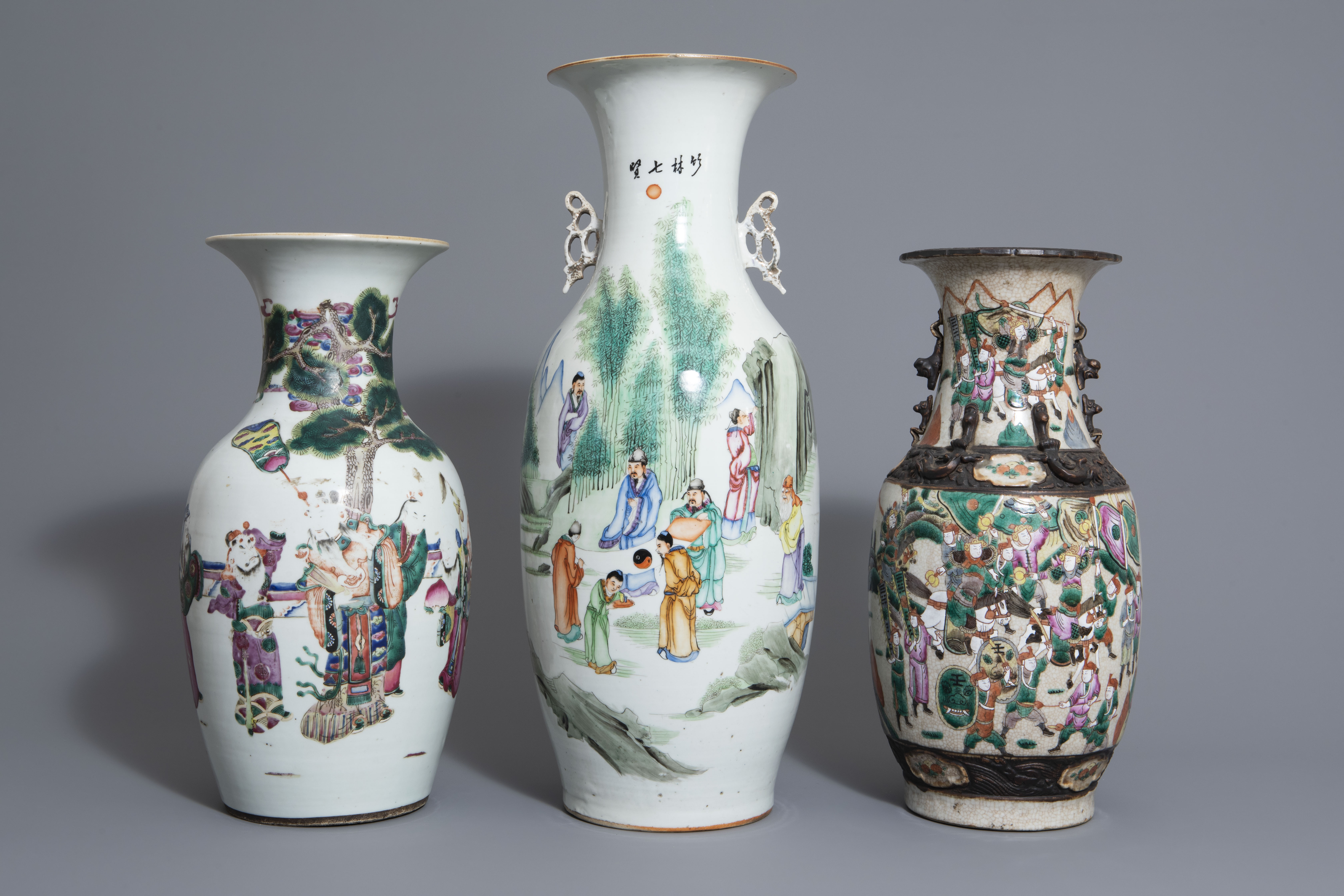 Three Chinese famille rose and Nanking crackle glazed vases, 19th C. - Image 2 of 7