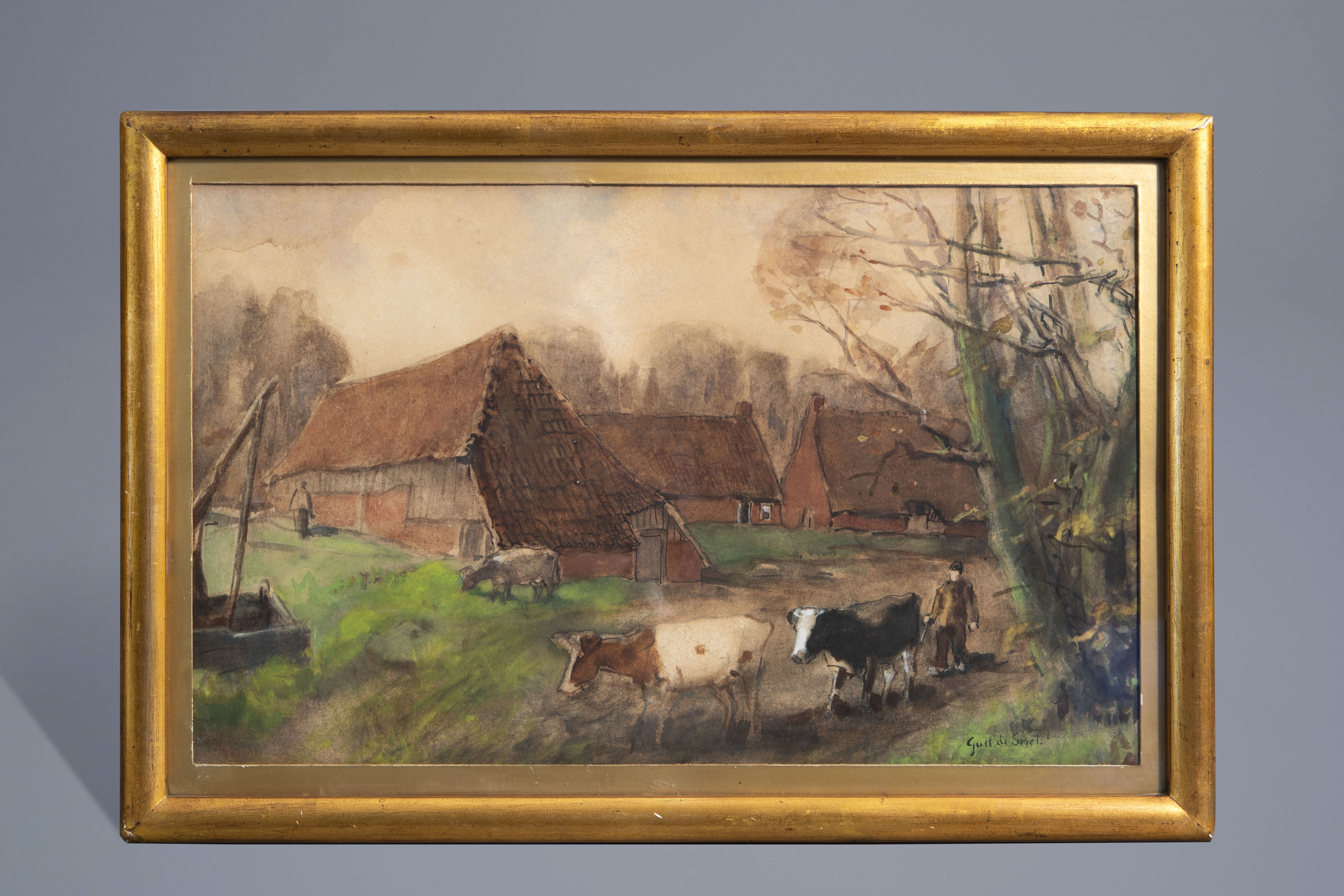 Gust de Smet (20th C.): Shepherd with his herd, watercolour on paper - Image 2 of 4