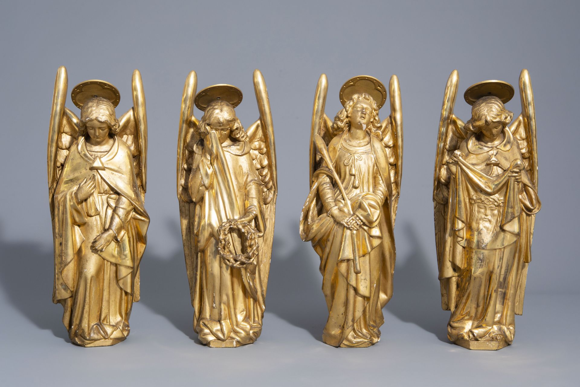 Four Gothic revival gilt wood angel statues with Arma Christi, 19th C. - Image 2 of 7