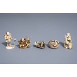 Five Japanese ivory netsuke with different designs, 19th/20th C.