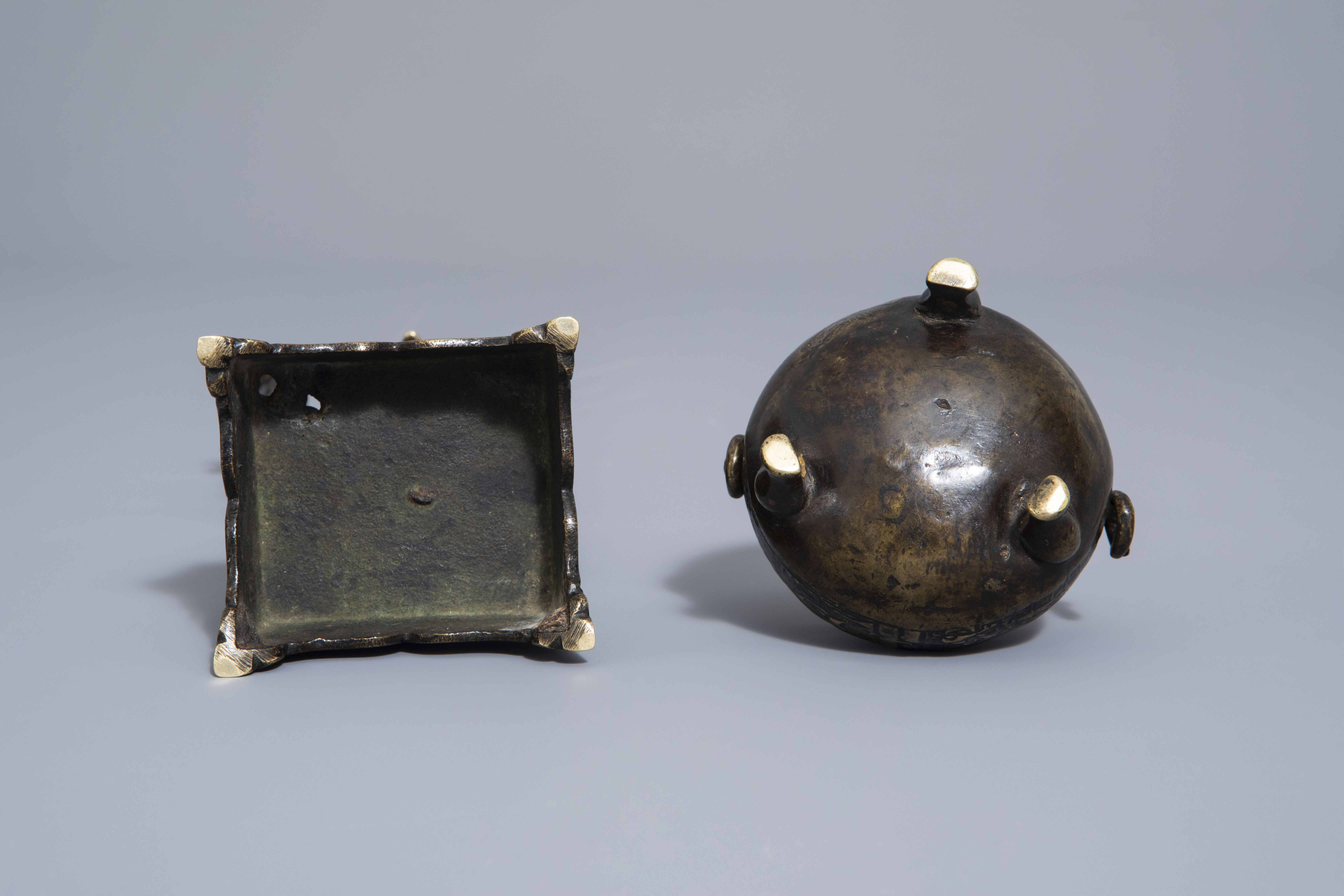A Chinese bronze incense stick holder and a censer, Qing - Image 6 of 7