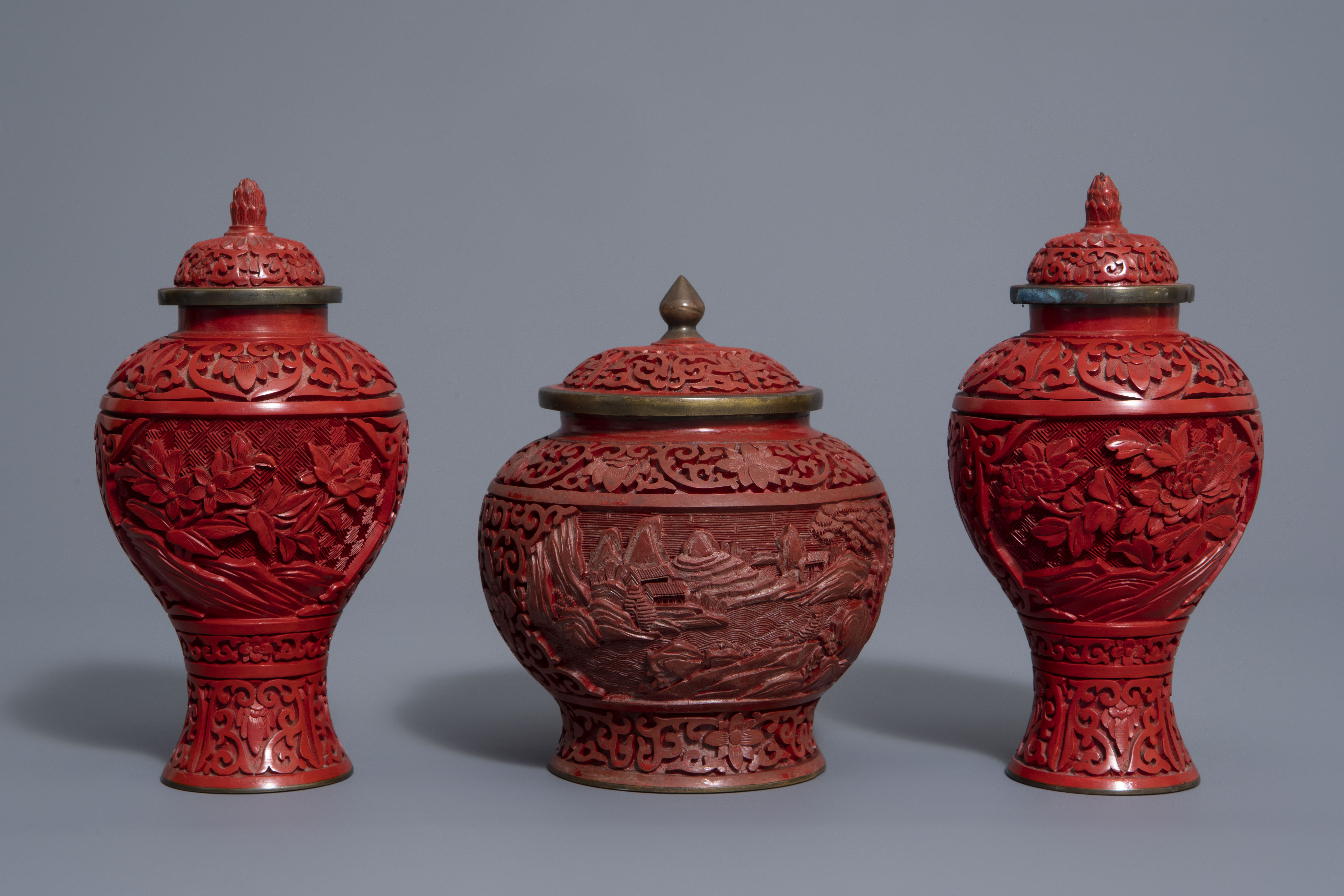 A Chinese tea block, cloisonné teapot, wall vase, bamboo brush pot & 3 red lacquer vases, 20th C. - Image 4 of 16