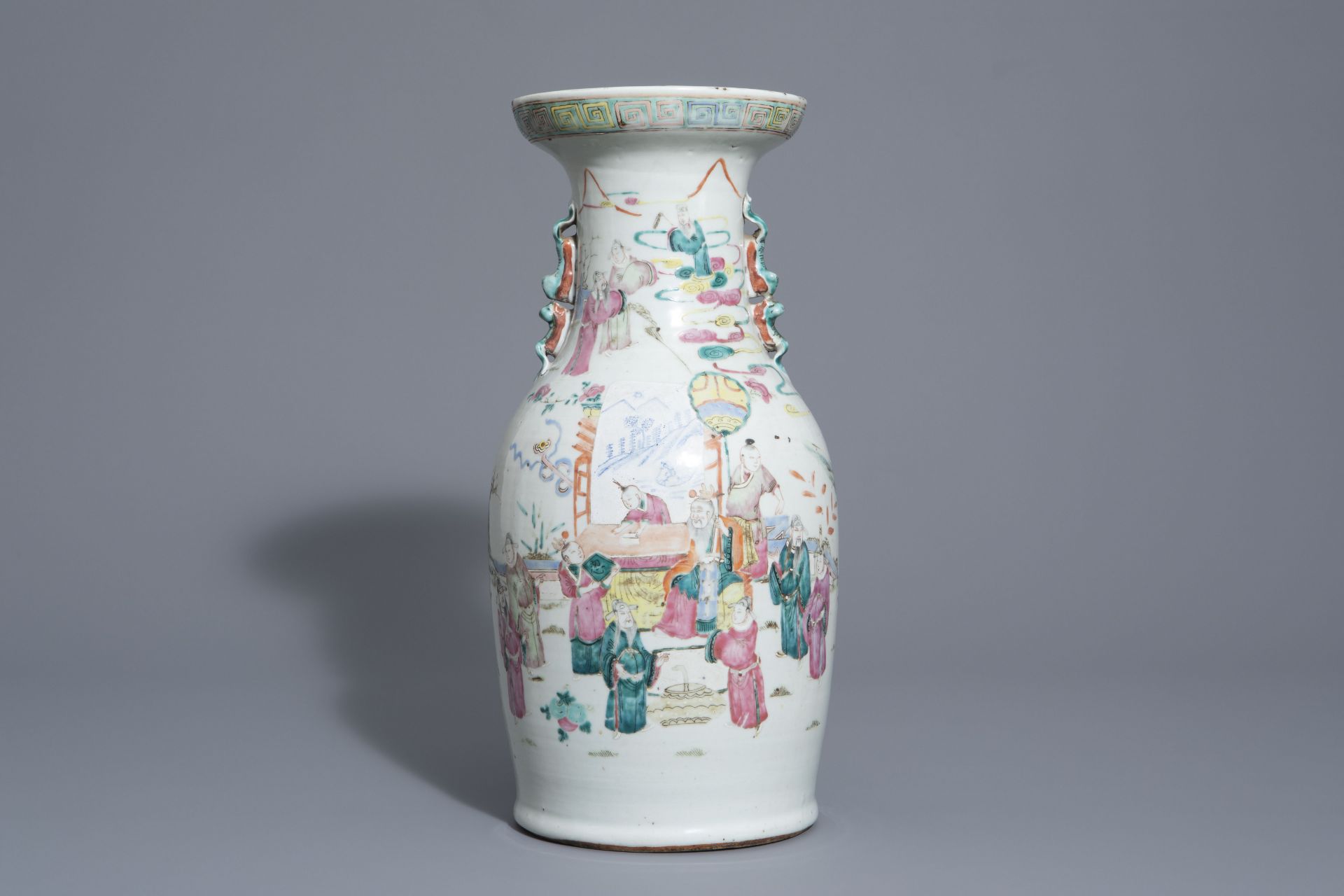 A Chinese famille rose vase with figurative design all around, 19th C.