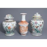 Three Chinese famille rose, verte and iron red vases with different designs, 19th/20th C.