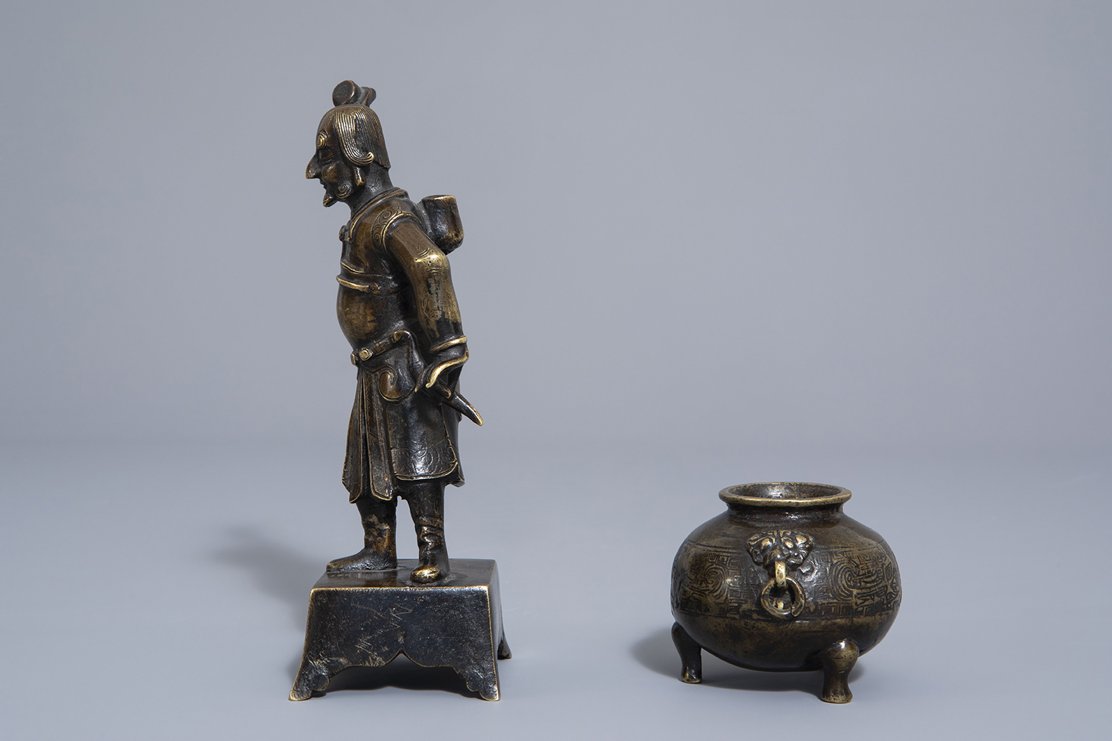 A Chinese bronze incense stick holder and a censer, Qing - Image 5 of 7