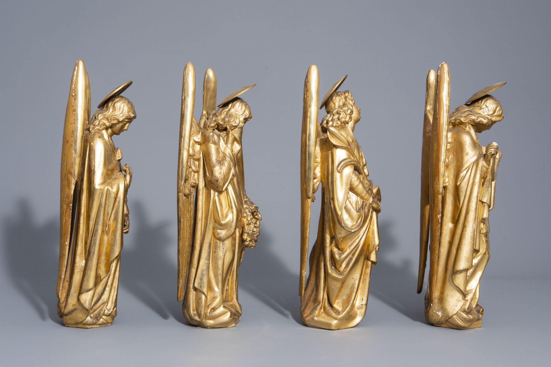Four Gothic revival gilt wood angel statues with Arma Christi, 19th C. - Image 3 of 7