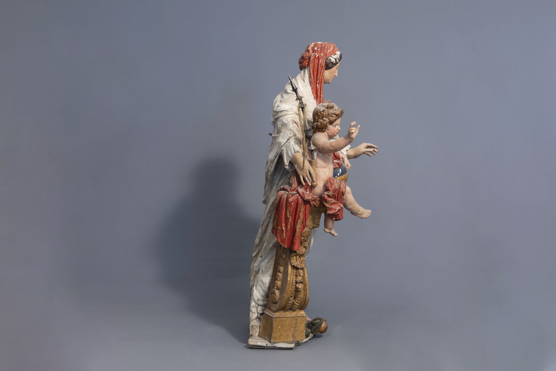 A large polychrome painted wood sculpture of Our Lady and Child, Naples, Italy, 17th/18th C. - Image 3 of 13