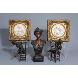 Three bronze sculptures and two framed cast stone plaques with children at play, 19th/20th C.