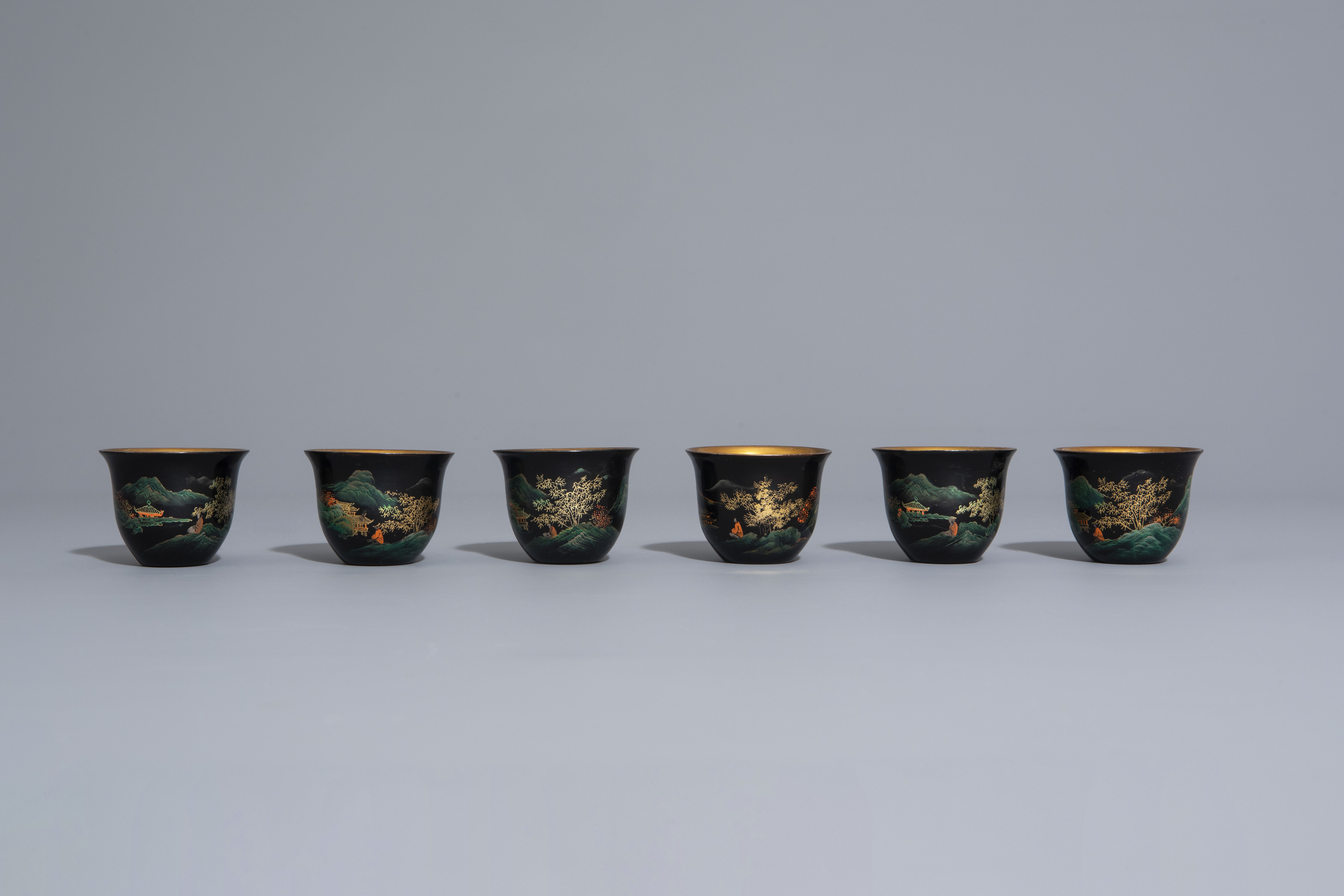 An extensive Chinese Foochow lacquer Shen Shao'an style coffee and tea service, 20th C. - Image 19 of 23