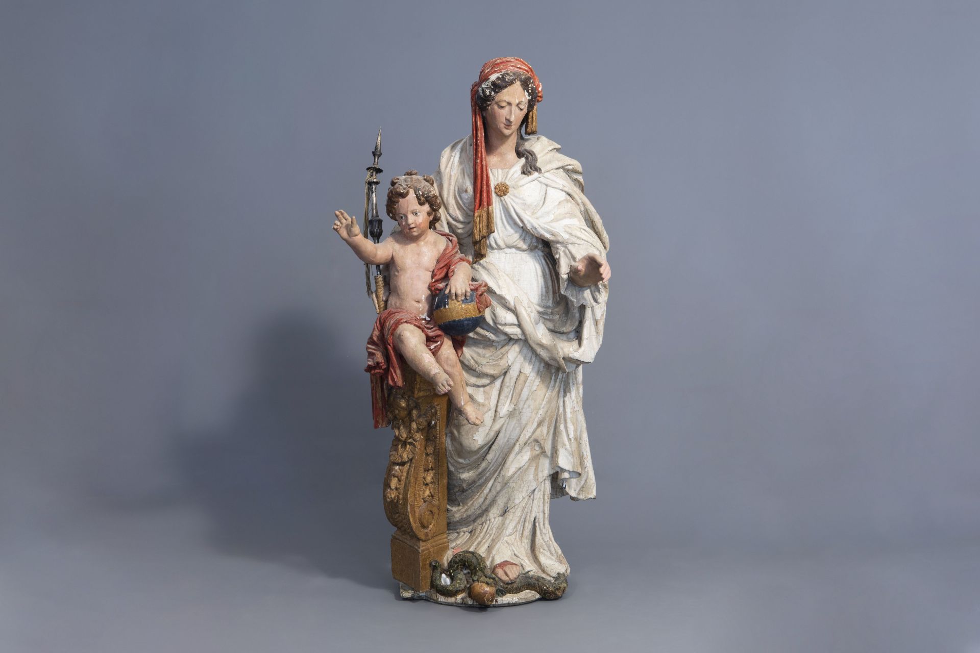 A large polychrome painted wood sculpture of Our Lady and Child, Naples, Italy, 17th/18th C. - Image 2 of 13