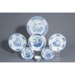 Six Chinese blue and white plates and a cup with floral design, Qianlong