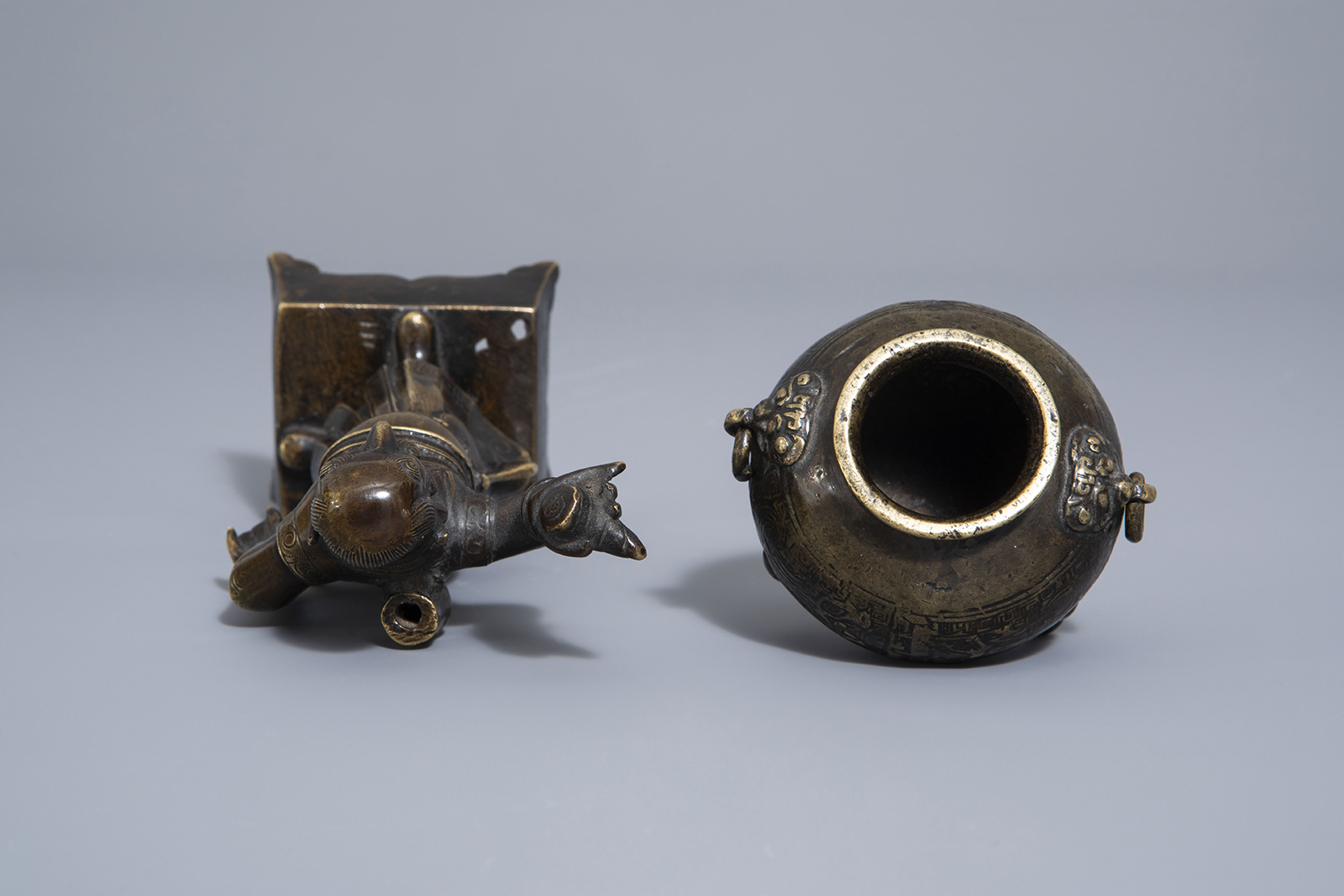 A Chinese bronze incense stick holder and a censer, Qing - Image 7 of 7