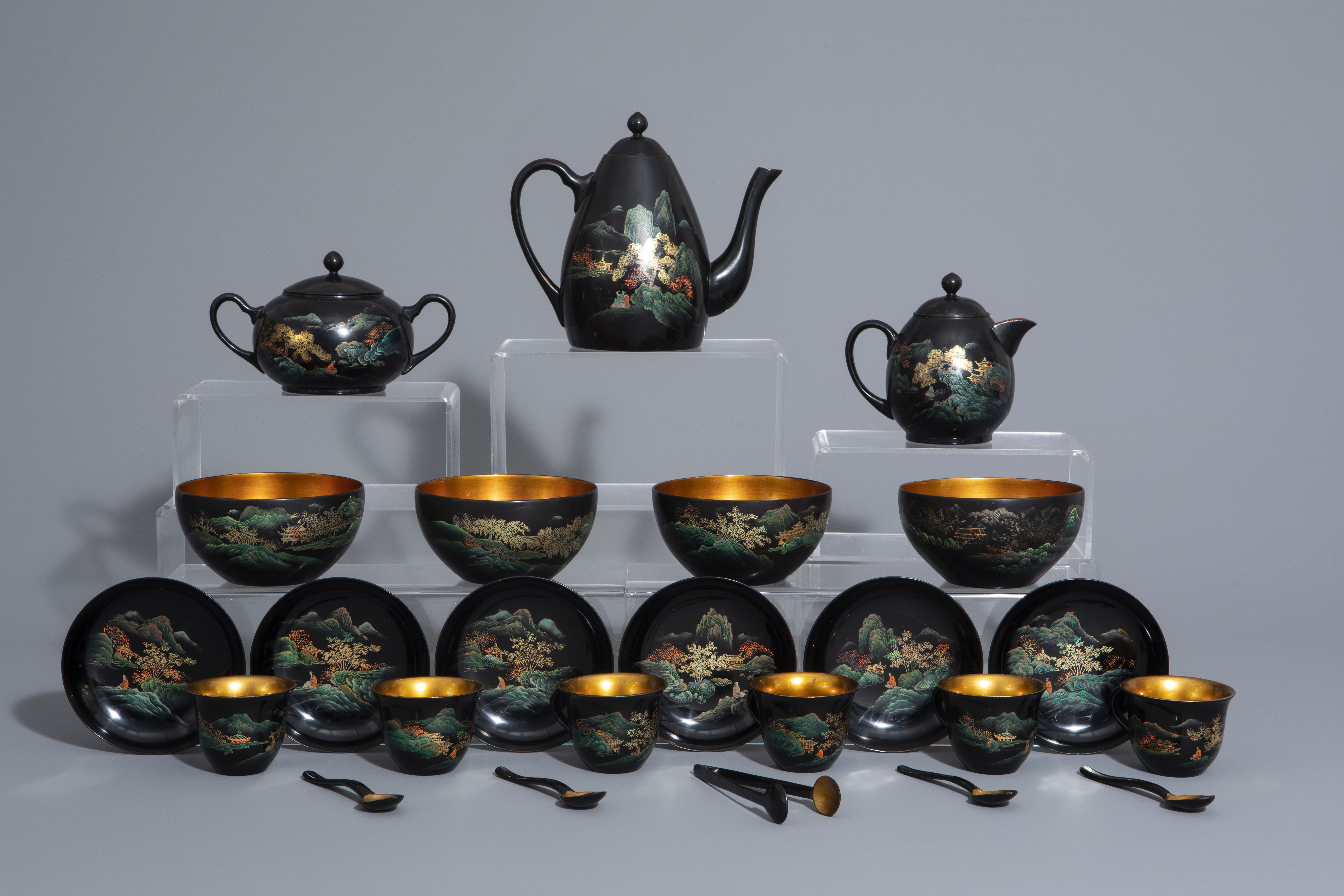 An extensive Chinese Foochow lacquer Shen Shao'an style coffee and tea service, 20th C.