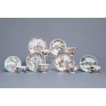 Six Chinese famille rose and verte cups and saucers, Kangxi/Qianlong