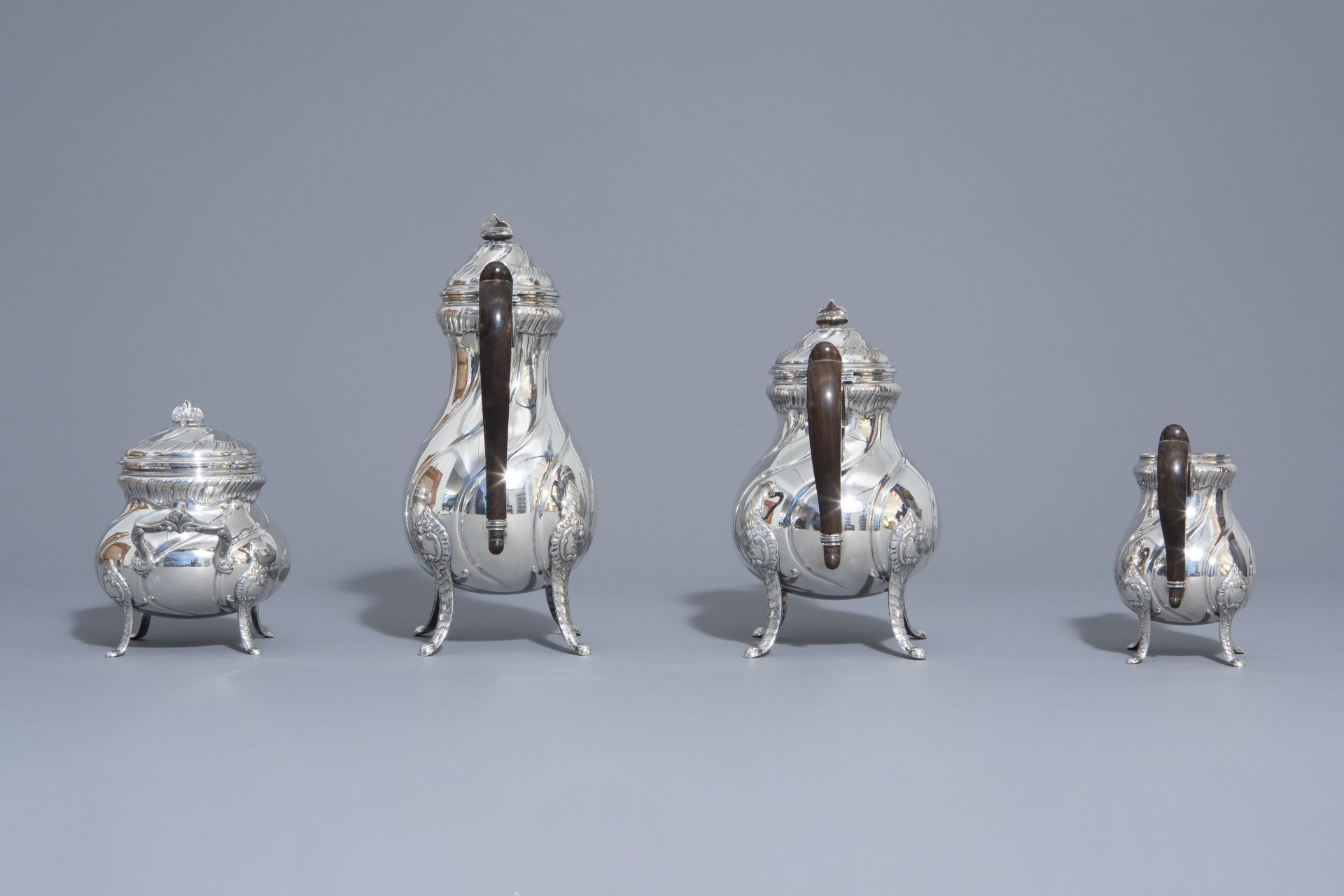 A four-piece Rococo revival silver coffee and tea set, 800/000, 20th C. - Image 3 of 13