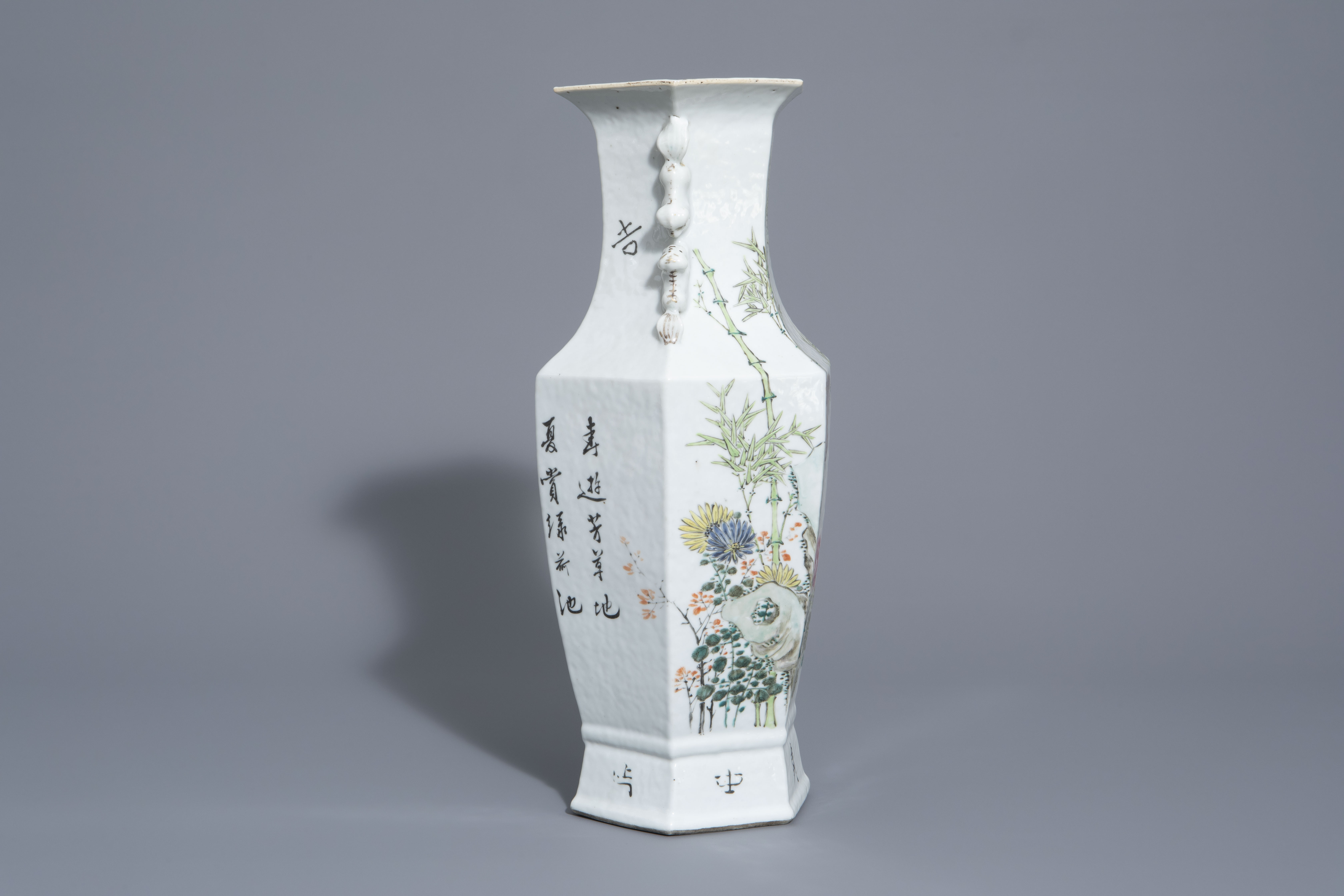 A hexagonal Chinese qianjiang cai vase with a bird among blossoming branches, 19th/20th C. - Image 2 of 6