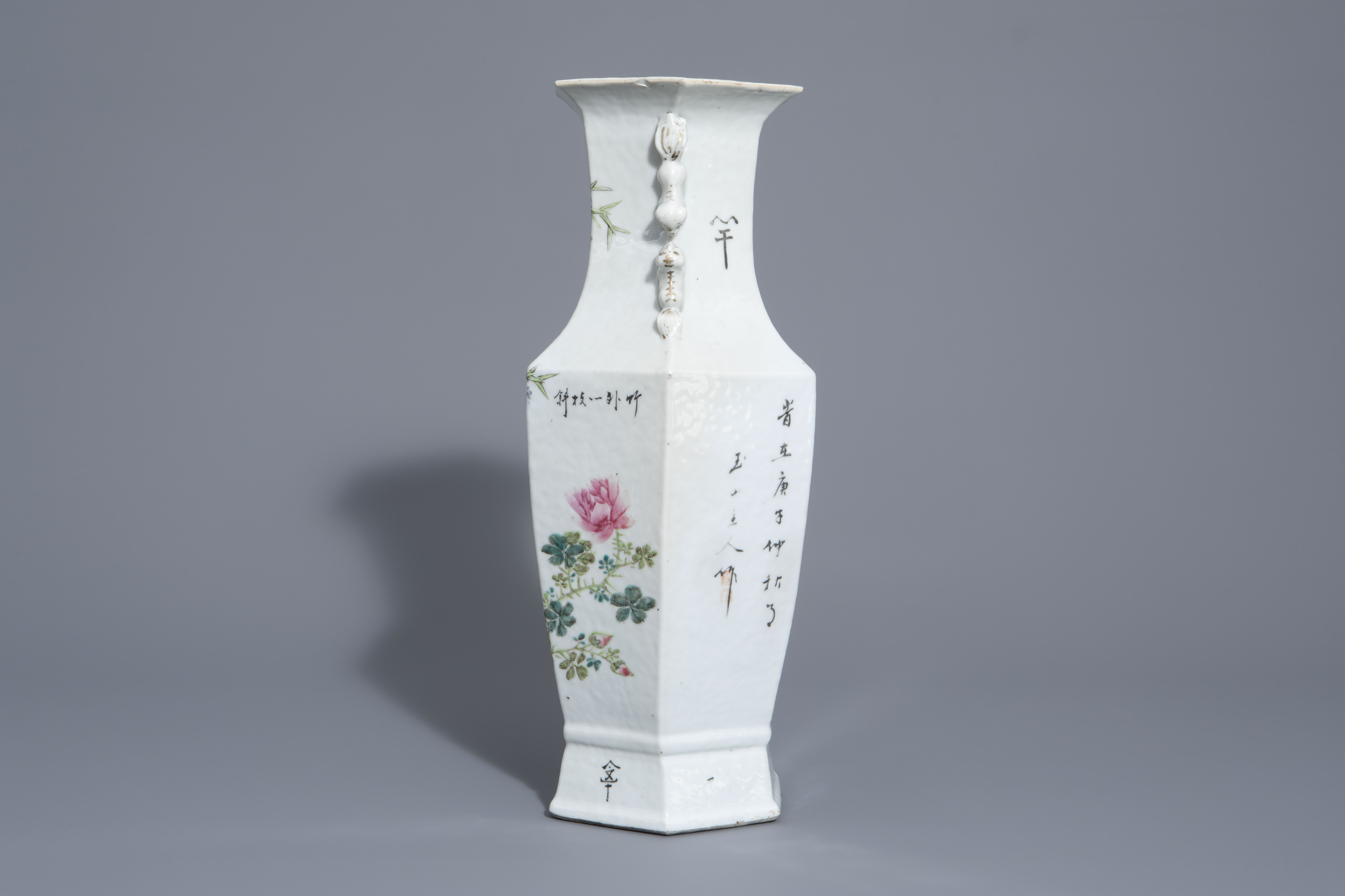 A hexagonal Chinese qianjiang cai vase with a bird among blossoming branches, 19th/20th C. - Image 4 of 6