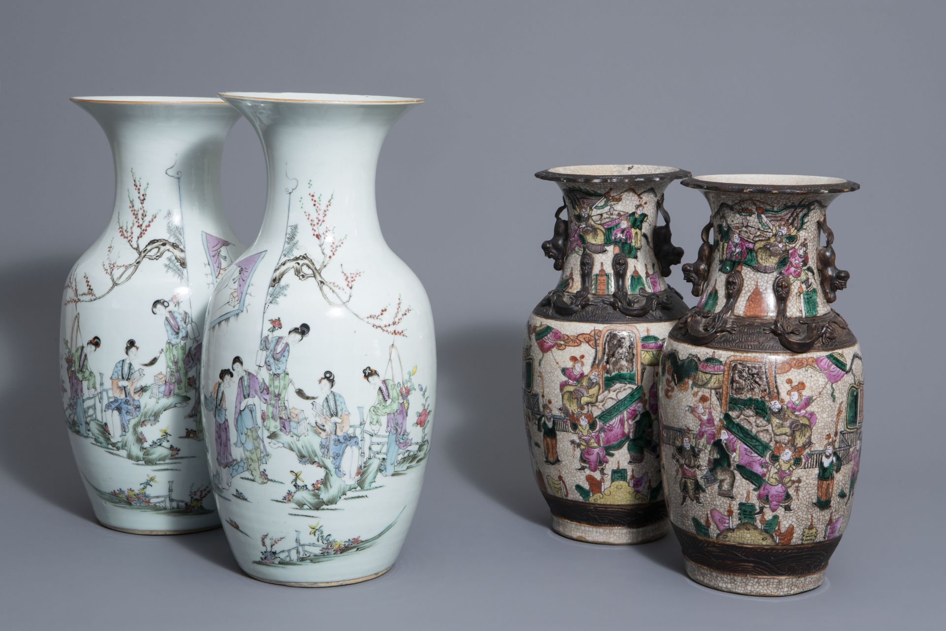 Two pairs of Chinese famille rose and Nanking crackle glazed vases, 19th/20th C.
