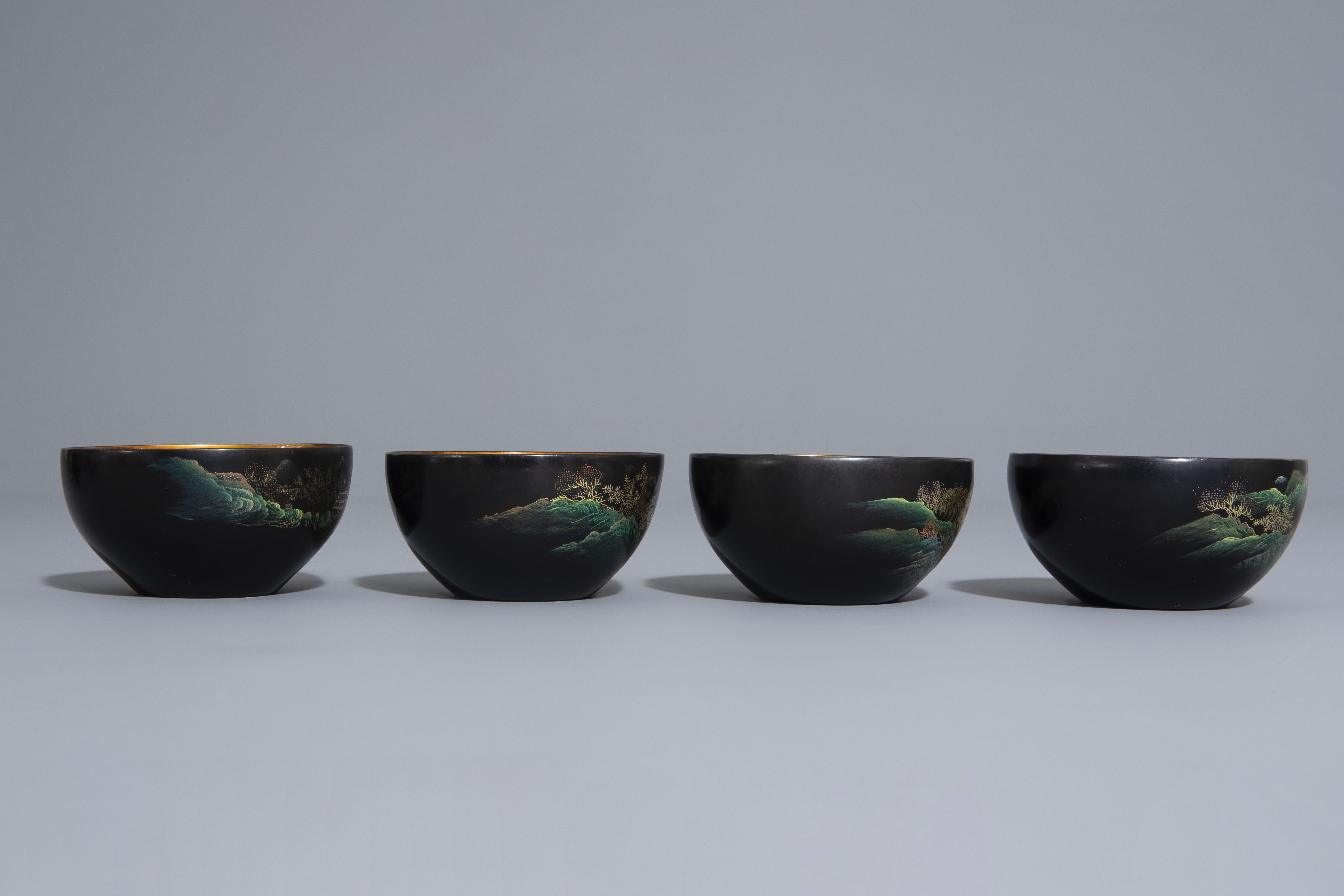 An extensive Chinese Foochow lacquer Shen Shao'an style coffee and tea service, 20th C. - Image 9 of 23