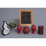 A Chinese tea block, cloisonné teapot, wall vase, bamboo brush pot & 3 red lacquer vases, 20th C.