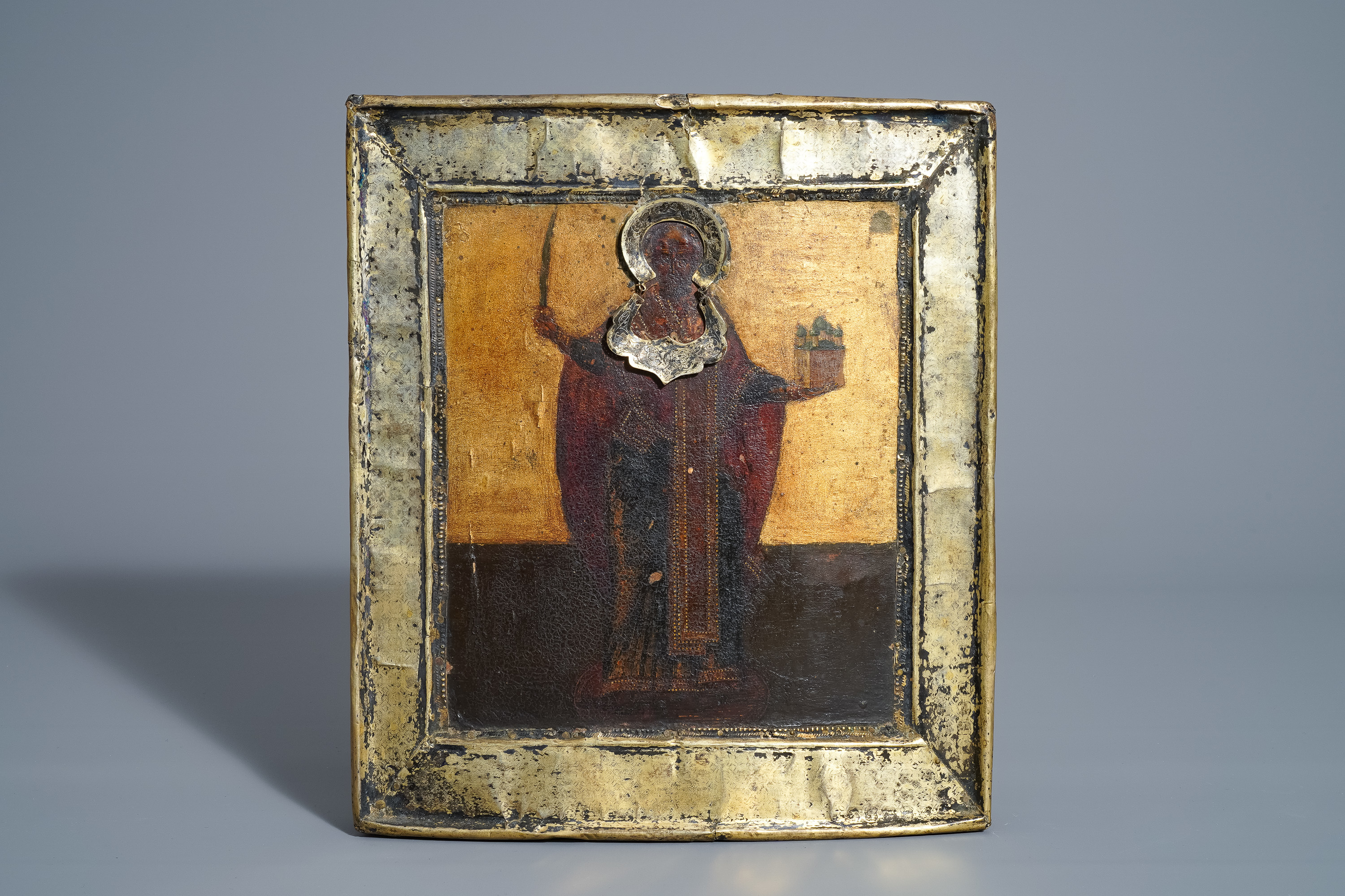 Three Russian icons, 'Saint Nicholas', with copper oklad or riza, 19th C. - Image 2 of 7